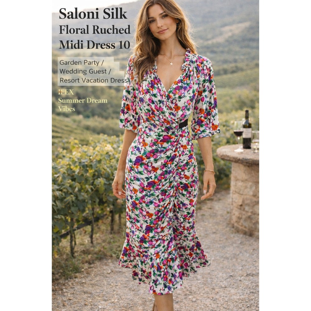 Saloni Silk Floral Ruched Midi Dress Ruffle Wedding Guest Garden Party Size 10